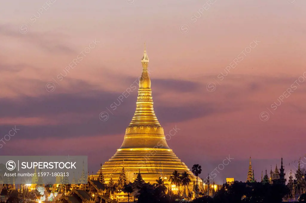 Asia, Myanmar, Burma, Yangon, Rangoon, Shwedagon, Shwe dagon, Shwedagon Pagoda, Pagoda, Pagodas, Stupa, Stupas, Illumination, Dusk, Sunset, Moody, Nig...