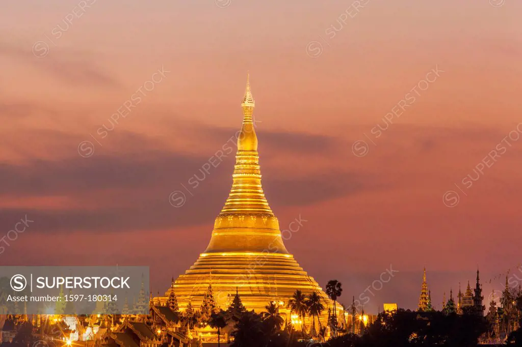Asia, Myanmar, Burma, Yangon, Rangoon, Shwedagon, Shwe dagon, Shwedagon Pagoda, Pagoda, Pagodas, Stupa, Stupas, Illumination, Dusk, Sunset, Moody, Nig...