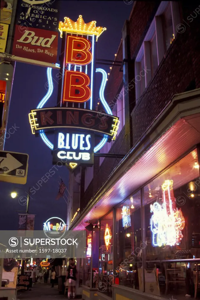 advertisement, at night, Beale Street, exit, federal railway Kings blues club, Memphis, neon, night, nightlife, sign