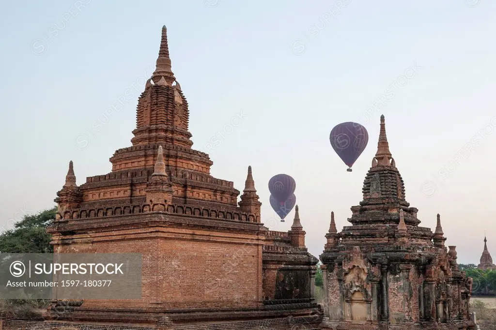 Asia, Myanmar, Burma, Bagan, Temple, Temples, Hot Air Balloons, Ballooning, Tourists, Tourism, Dawn, Sunrise