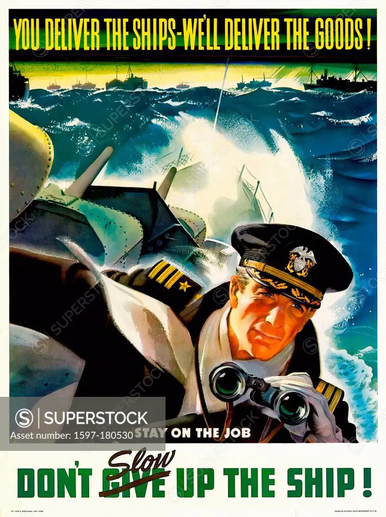 World War II, Second World War, world war, war, poster, Propagana, propaganda poster, USA, American, ship, battleship, soldier, binoculars, production...