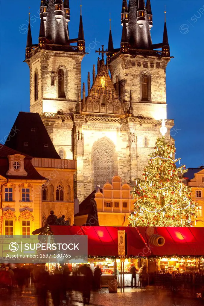 Czech republic, Prague - Christmas market and tree at the old town square