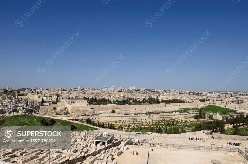 Dome of the Rock, cemetery, Israel, Jerusalem, Middle East, Near East, Mount of Olives, religion, Islam, dome, golden, temple mountain, Skyline, town,...