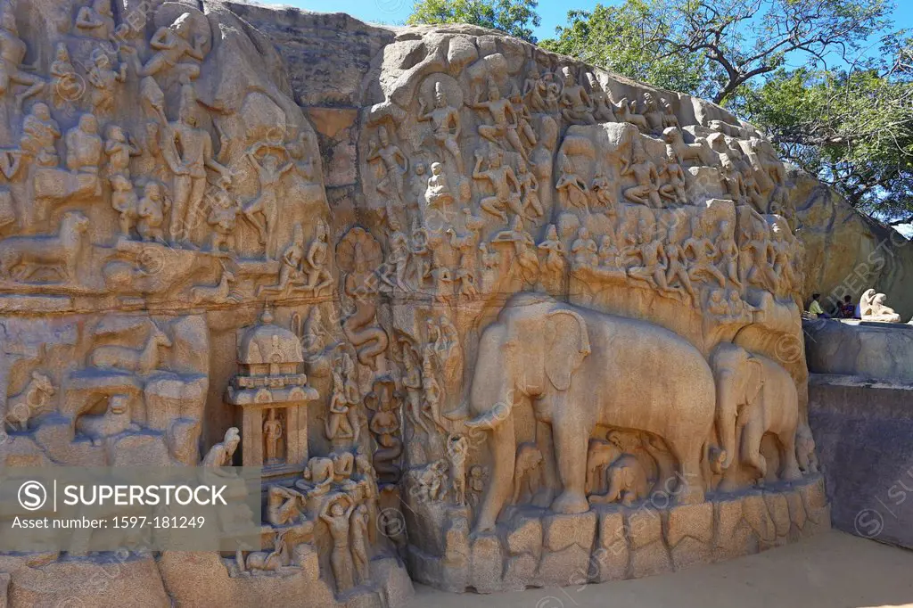 India, South India, Asia, Tamil Nadu, Mamallapuram, Mahabalipuram, Rock-cut, architecture, Ajuna's Penance, world heritage, Ajuna, art, Dravidian, ele...