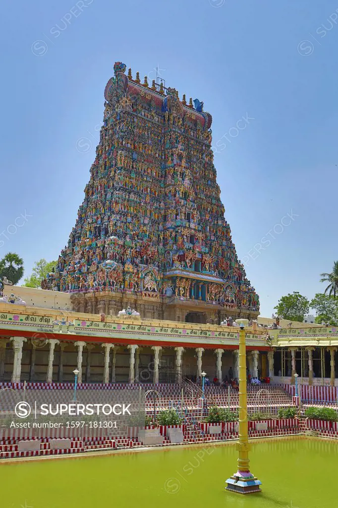 India, South India, Asia, Tamil Nadu, Madurai, Sri Meenakshi, Temple, Gopuram, Lotus pond, art, big, famous, colourful, Dravidian, pool, pond