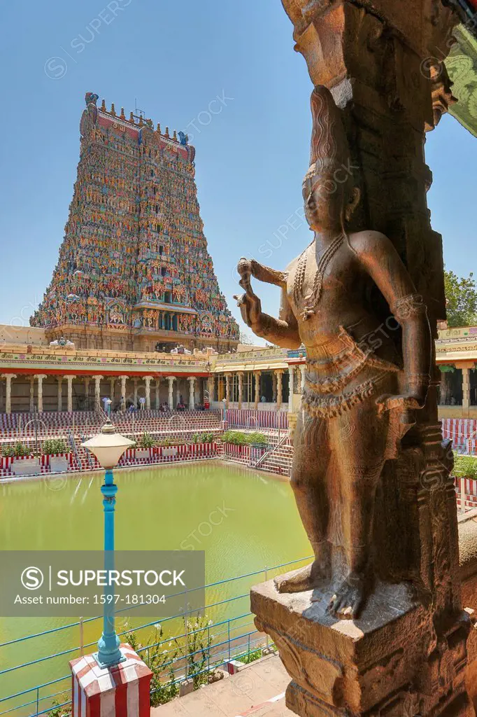 India, South India, Asia, Tamil Nadu, Madurai, Sri Meenakshi, Temple, Gopuram, Lotus pond, art, big, famous, colourful, Dravidian, pool, pond