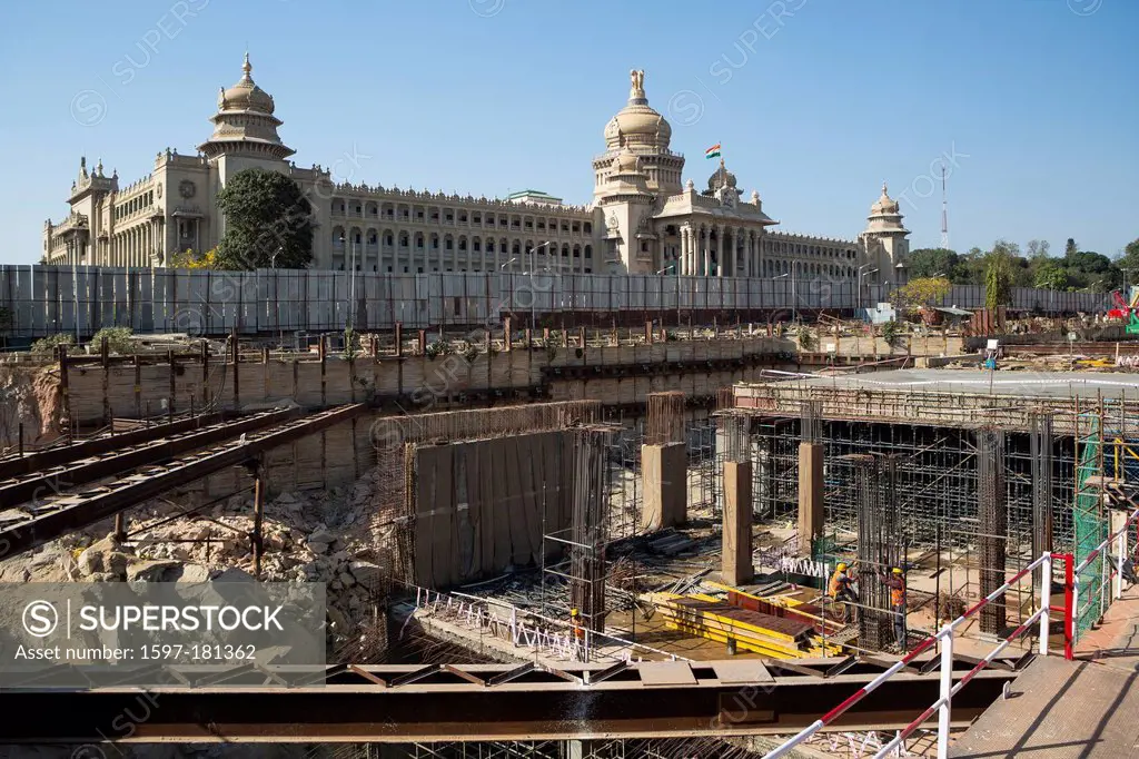 India, South India, Asia, Karnataka, Bangalore, Downtown, Vidhana Soudha, Building, Parliament, Subway station, under construction, Subway, architectu...