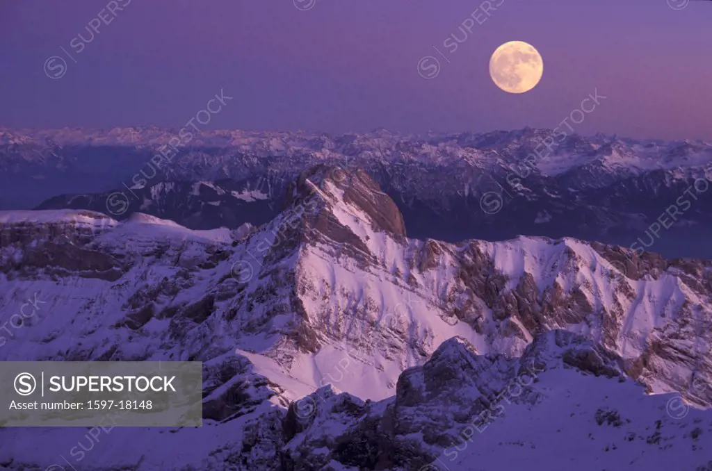 Alpstein, Altmann, at night, full moon, View, from Santis, moon, mountains, night, Eastern Switzerland, Europe, scen