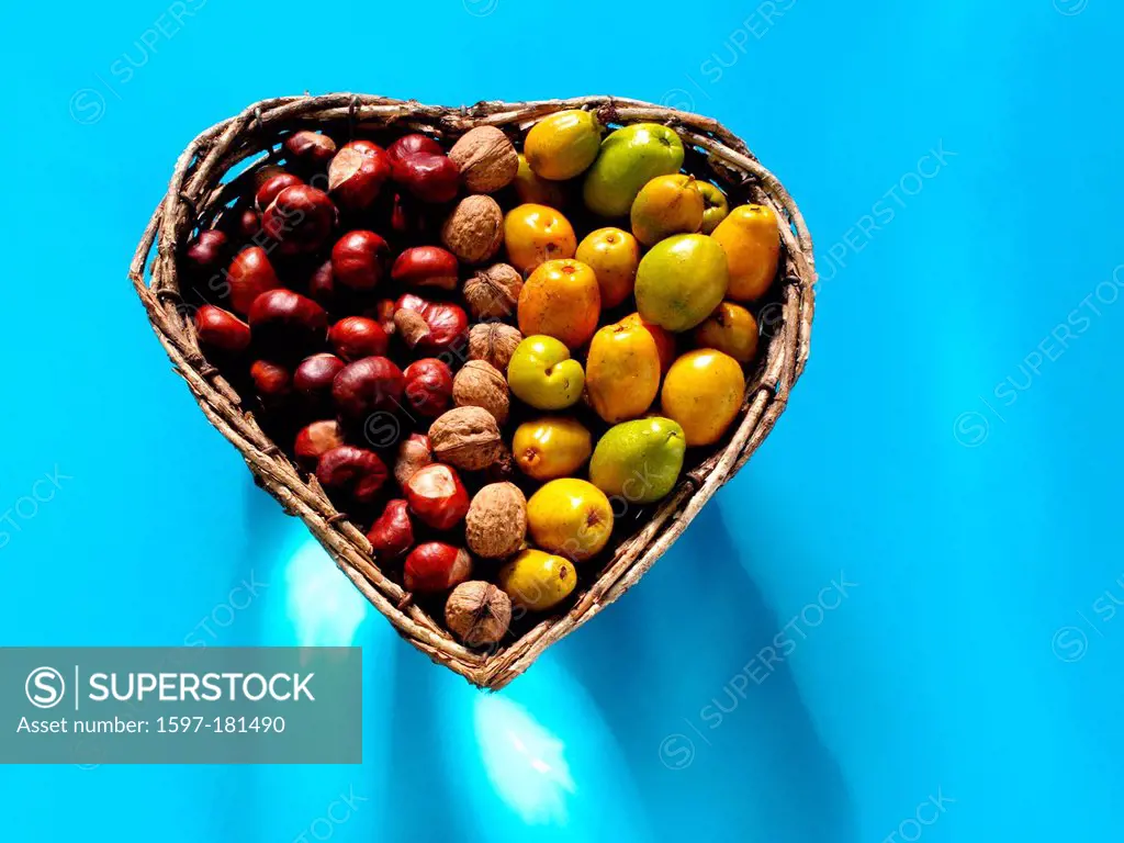 Heart, form, shape, filled, fully, chestnuts, walnuts, bowl, baskets, blue