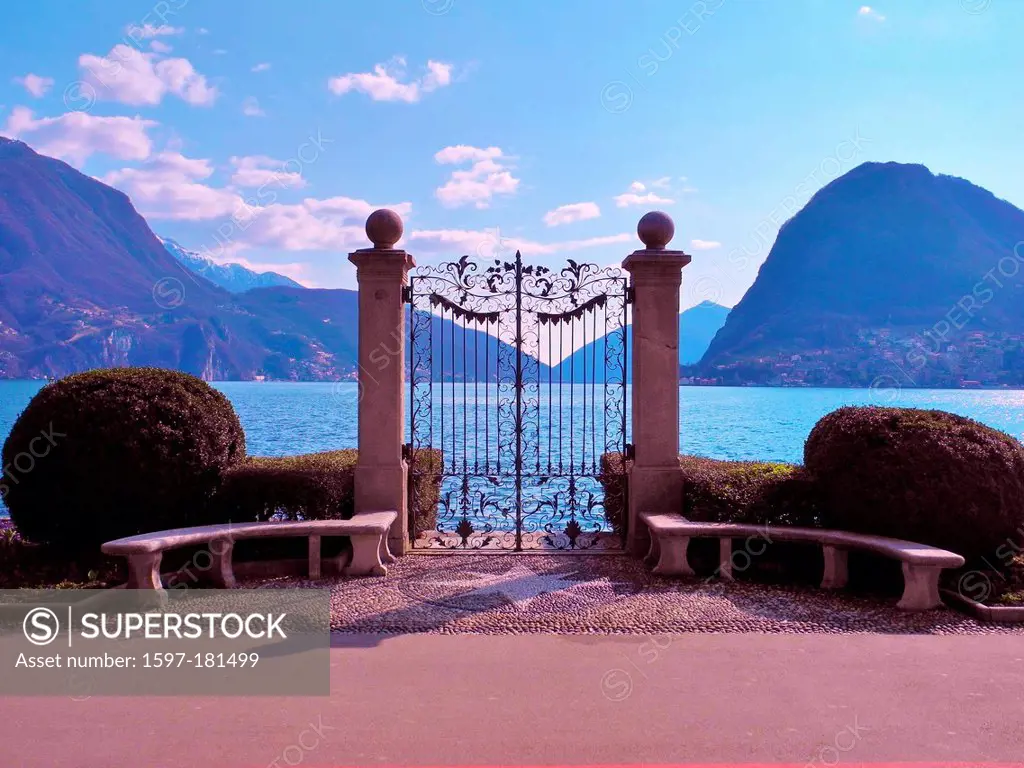 Switzerland, Ticino, Lugano, lake, Lake Lugano, bank way, gate, iron, columns, mountains, scenery