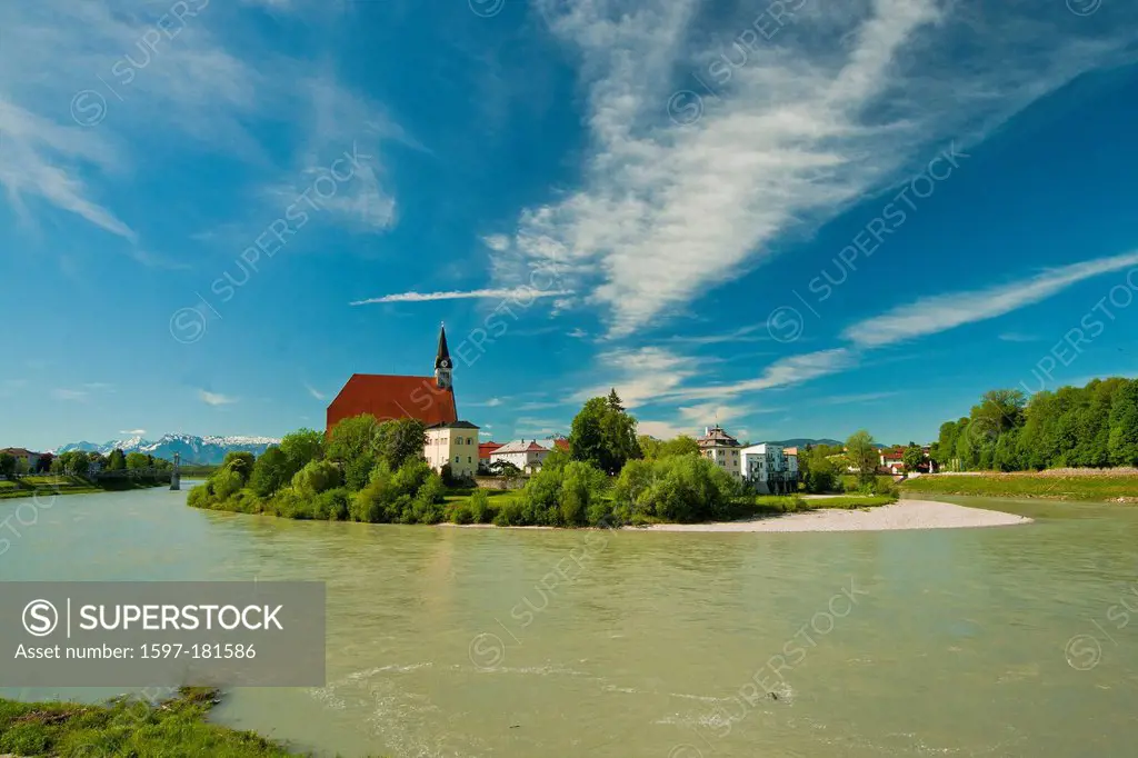 Bavaria, Germany, Upper Bavaria, Berchtesgaden Area, Berchtesgaden, sky, blue sky, Laufen, Oberndorf, Rupertiwinkel, water, sky, white-blue, blue sky,...