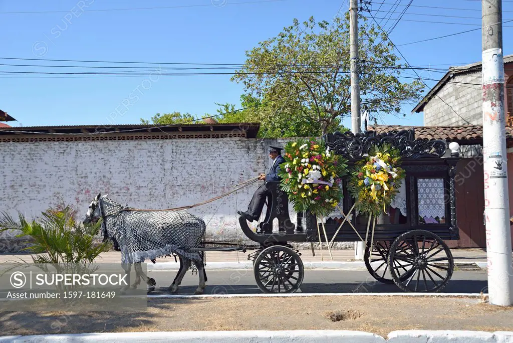 Central America, Nicaragua, Granada, colonial, city, funeral, carriage, horse drawn, horse, transportation