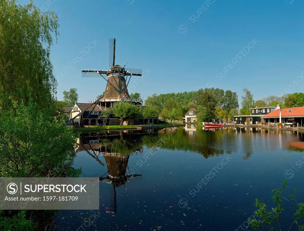 Netherlands, Holland, Europe, Leiden, Woodcutting, windmill, Herdsman, water, trees, spring, reflection,