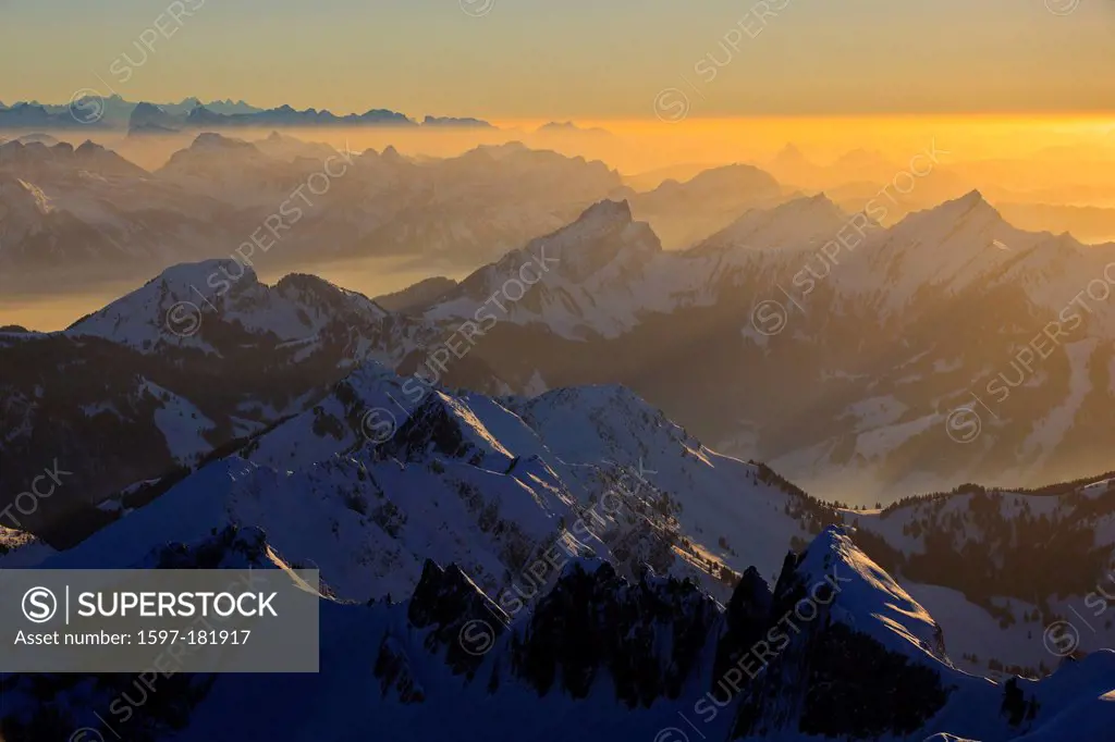 Dusk, Twilight, dusk, gradations, Alps, Appenzell, view, mountain, mountains, mist, haze, mountains, sky, massif, Mattstock, Mythen, panorama, Saentis...