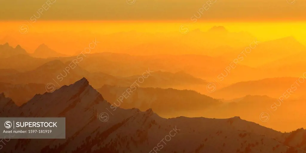 Dusk, Twilight, dusk, gradations, Alps, Appenzell, view, mountain, mountains, mist, haze, mountains, sky, massif, panorama, Pilatus, Saentis, snow, Sw...