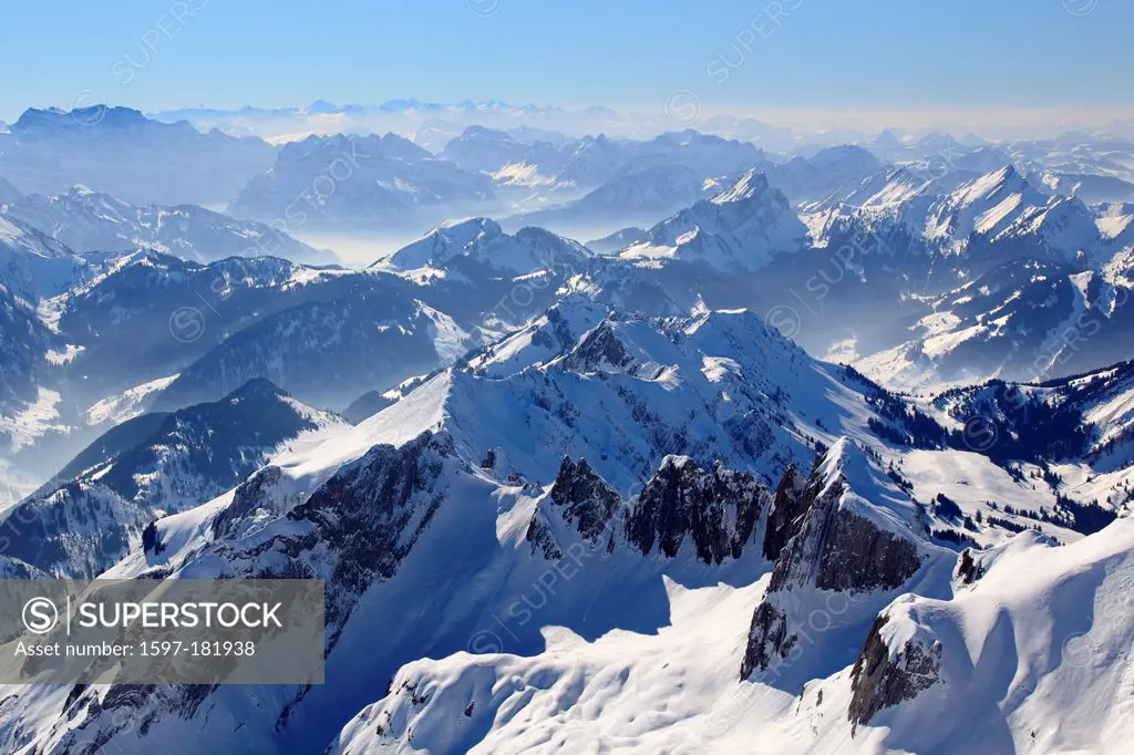 Alps, Alpstein, range, Appenzell, view, mountain, mountains, mist, haze, mountains, summit, peak, sky, massif, fog, of fog, panorama, Saentis, snow, S...
