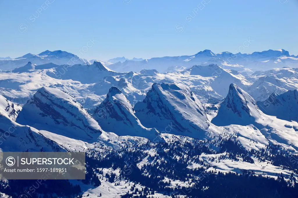 Alps, Alpstein, range, Appenzell, view, mountain, mountains, Churfirsten, mist, haze, mountains, summit, peak, sky, massif, fog, of fog, panorama, Sae...