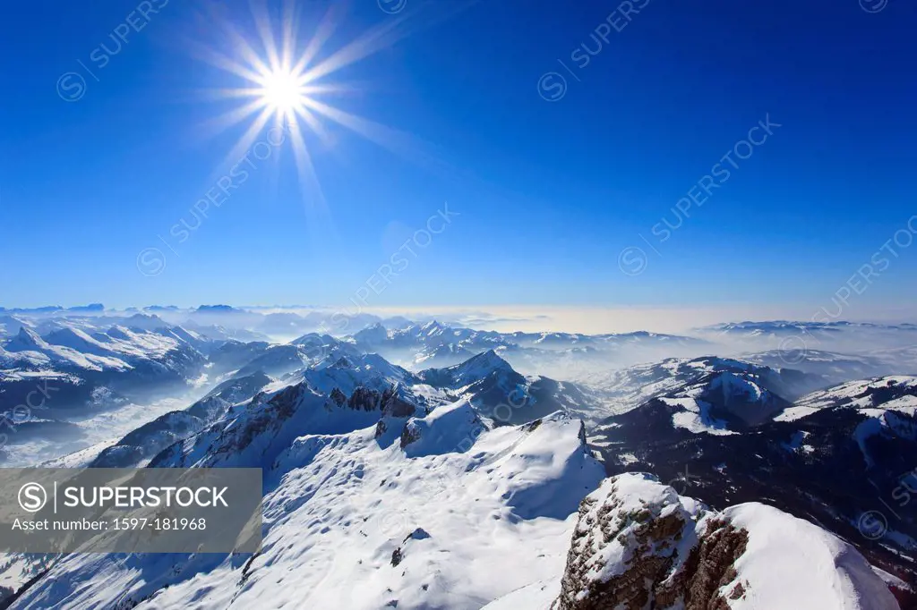 Alps, Alpstein, range, Appenzell, view, mountain, mountains, mist, haze, mountains, summit, peak, sky, massif, fog, of fog, panorama, Saentis, snow, S...