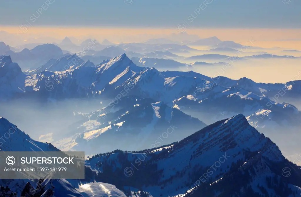 Dusk, Twilight, dusk, gradations, Alps, Appenzell, view, mountain, mountains, mist, haze, mountains, summit, peak, sky, massif, Mythen, panorama, Saen...