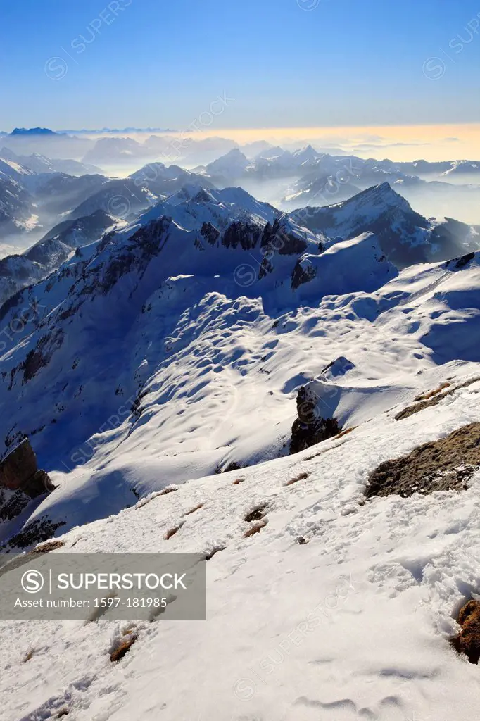 Alps, Alpstein, range, Appenzell, view, mountain, mountains, sky, massif, panorama, Saentis, snow, Switzerland, Europe, Swiss Alps, Swiss mountains, S...