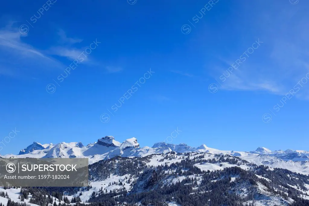 Alps, Alpine wreath, Alpine, panorama, view, mountain, mountains, trees, spruce, spruces, mountains, summits, peaks, Central Switzerland, Internal Swi...