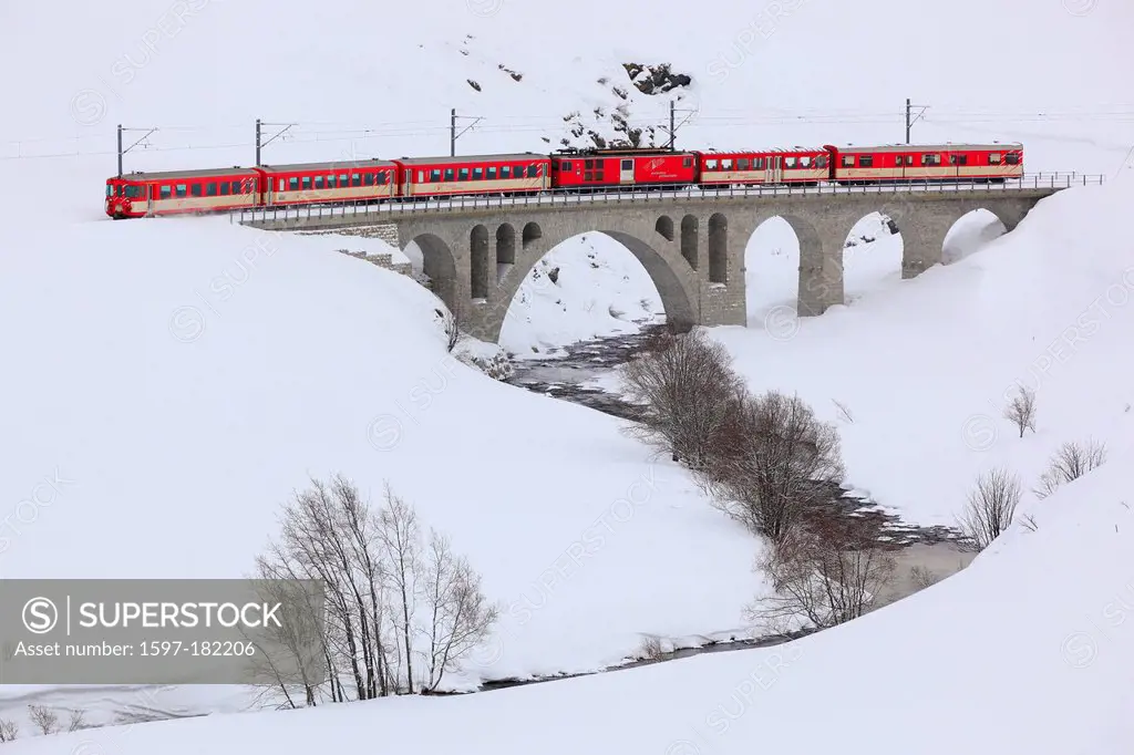 Andermatt, Railway, bridge, railroad, river, locomotive, engine, Matterhorn Gotthard, Railway, snow, Switzerland, Europe, Uri, Urserntal, traffic, via...