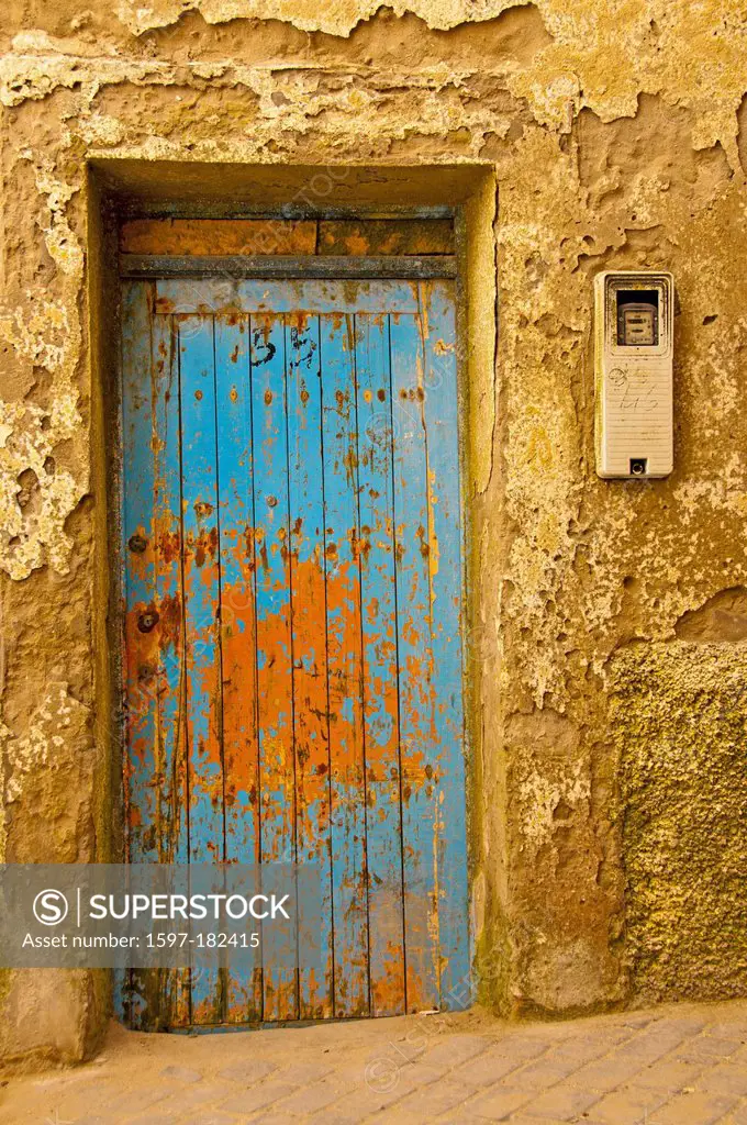 Africa, North Africa, Old Town, one, front door, Essaouira, wood, Morocco, Medina, electric meter, wall, residential building