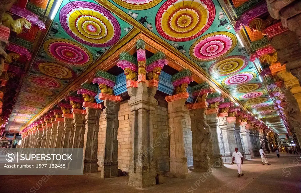 Gopuram, India, South India, Asia, Madurai, Sri Meenakshi, Tamil Nadu, art, big, famous, ceiling, colourful, corridor, Dravidian, religion, Hinduism, ...