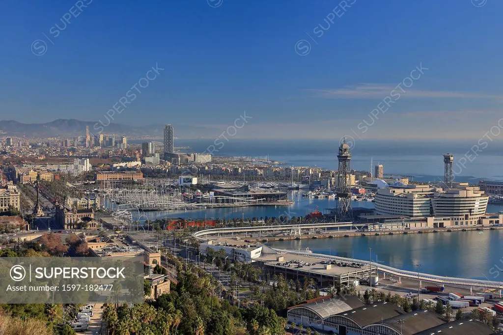 Spain, Europe, Catalonia, architecture, Barcelona, belvedere, center, downtown, harbour, landscape, Mediterranean, morning, port, skyline, trade, worl...