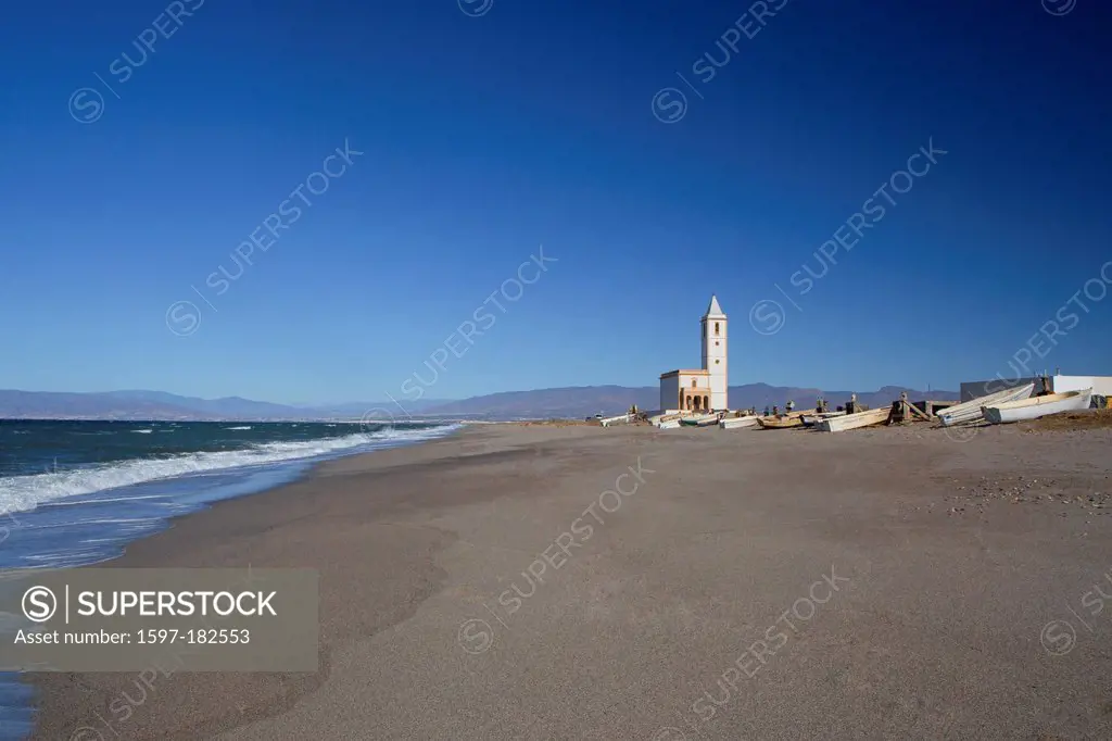 Almeria, Spain, Europe, Andalusia, beach, blue, church, coast, landscape, long, Mediterranean, sand, solitary, touristic, travel, white