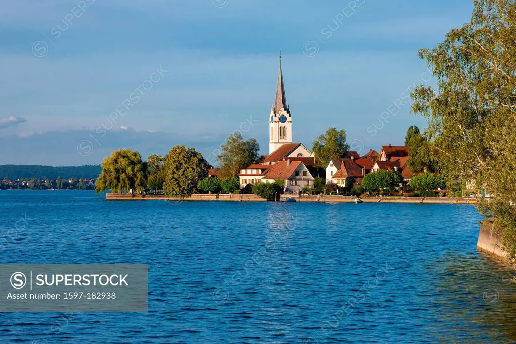 Berlingen, Switzerland, Europe, canton, Thurgau, lake, Lake Constance, lake shore, village, houses, homes, church, trees