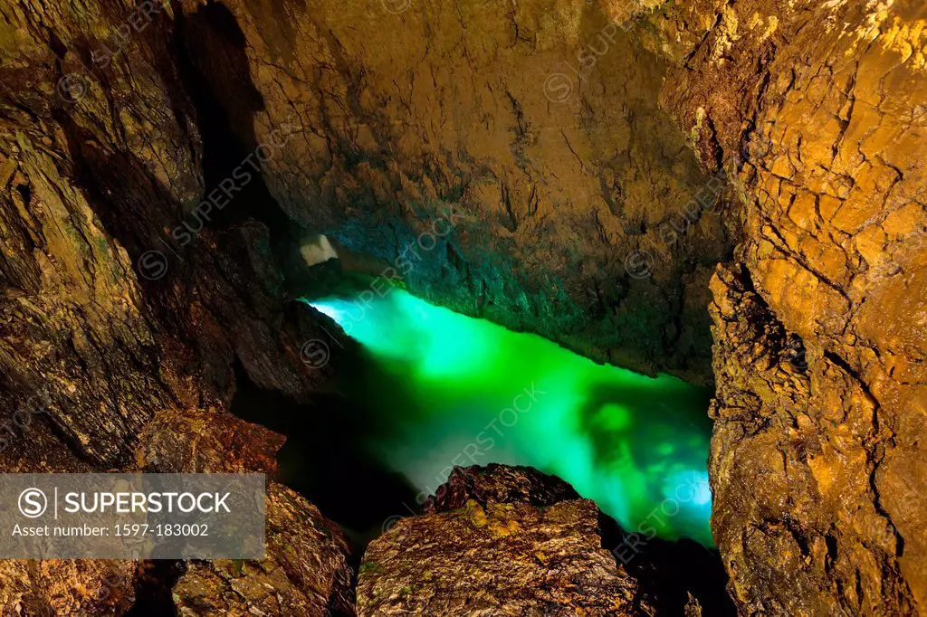 Grottes de Vallorbe, Switzerland, Europe, canton, Vaud, Vaud Jura, cave, limestone cave, cave brook, lighting, illumination,