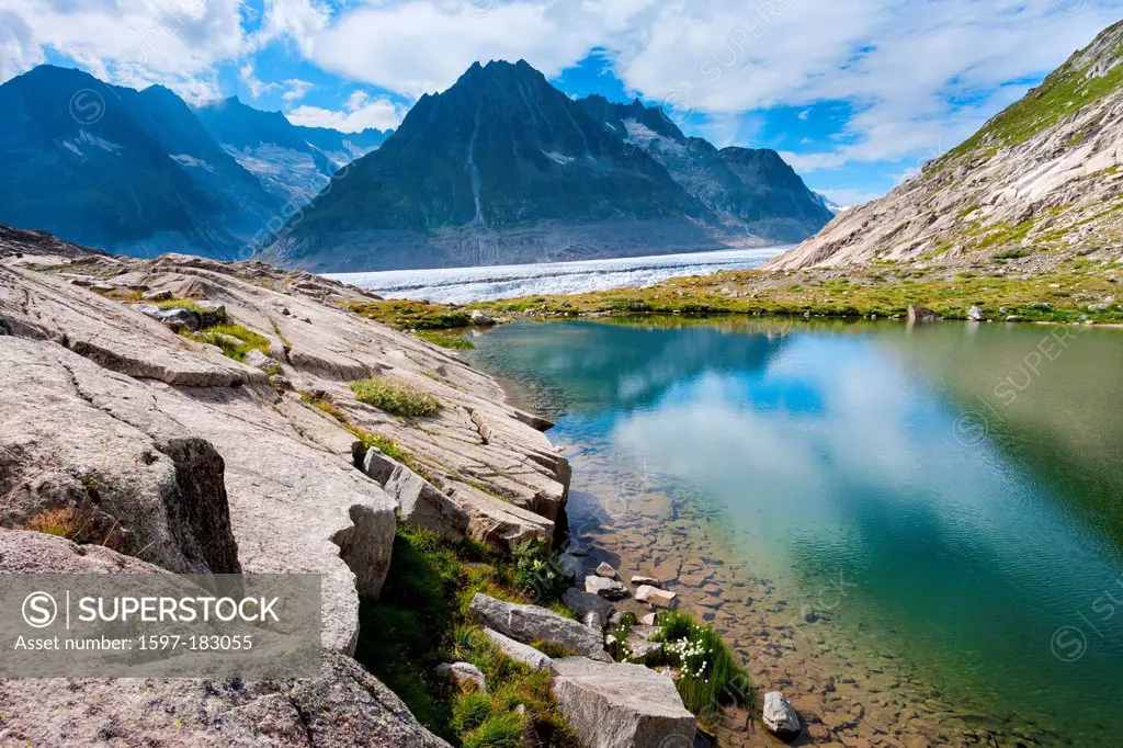 Märjelensee, Switzerland, Europe, canton, Valais, Aletsch area, UNESCO, world nature heritage, nature, mountains, glaciers, Aletsch glacier, rock, cli...