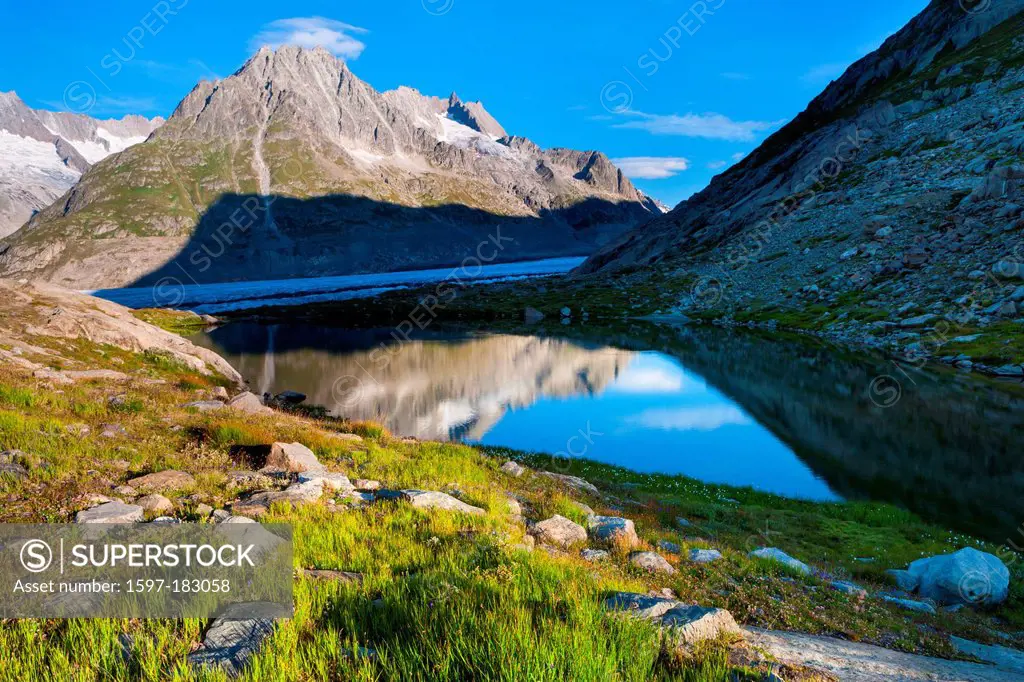 Märjelensee, Switzerland, Europe, canton, Valais, Aletsch area, UNESCO, world nature heritage, nature, mountains, glaciers, Aletsch glacier, rock, cli...