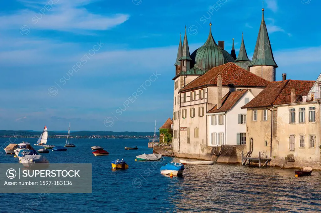 Steckborn, Turmhof, Switzerland, Europe, canton, Thurgau, lake, Lake Constance, lake shore, boats, town, Old Town