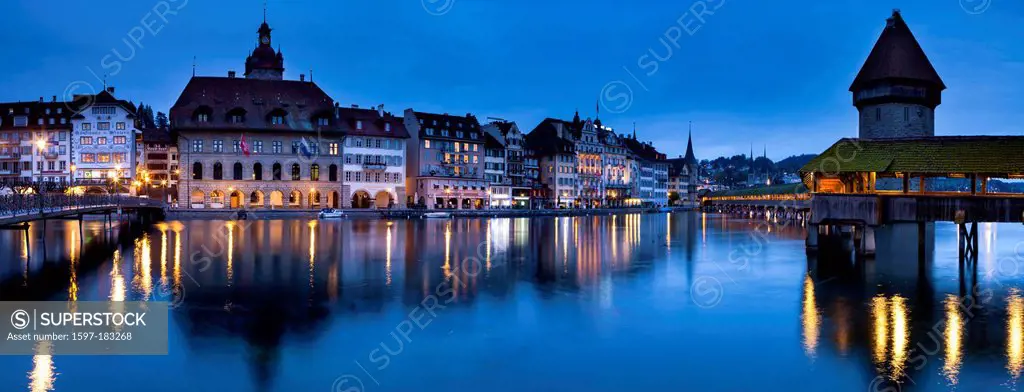 Lucerne, Luzern, Switzerland, Europe, canton, town, city, river, flow, Reuss, reflection, bridge, wooden bridge, chapel bridge, tower, rook, water tow...