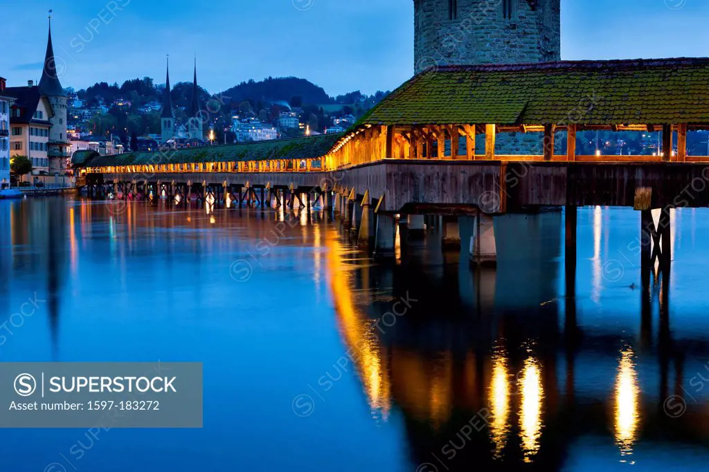 Chapel bridge, town, city, Switzerland, Europe, canton, Lucerne, Luzern, river, flow, Reuss, reflection, bridge, wooden bridge, Old Town, houses, home...