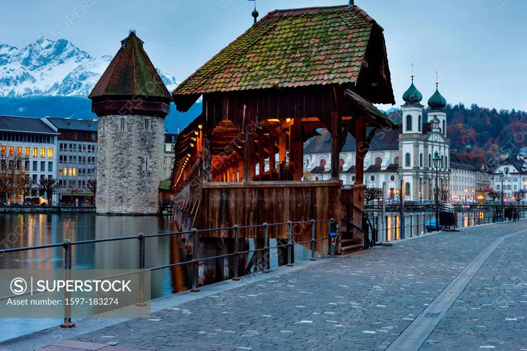 Chapel bridge, town, city, Switzerland, Europe, canton, Lucerne, Luzern, river, flow, Reuss, bridge, wooden bridge, tower, rook, water tower, Old Town...