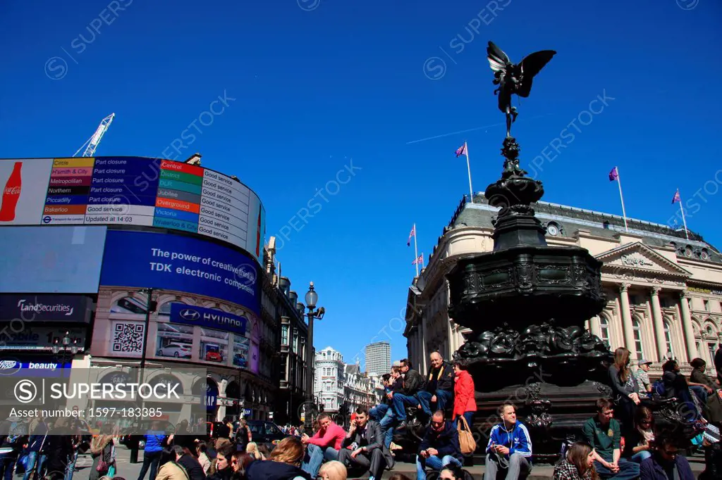 London, England, Great Britain, UK, United Kingdom, Piccadilly, Piccadilly Circus, statue, Cupid, angel, arrow, arch, people, tourists,