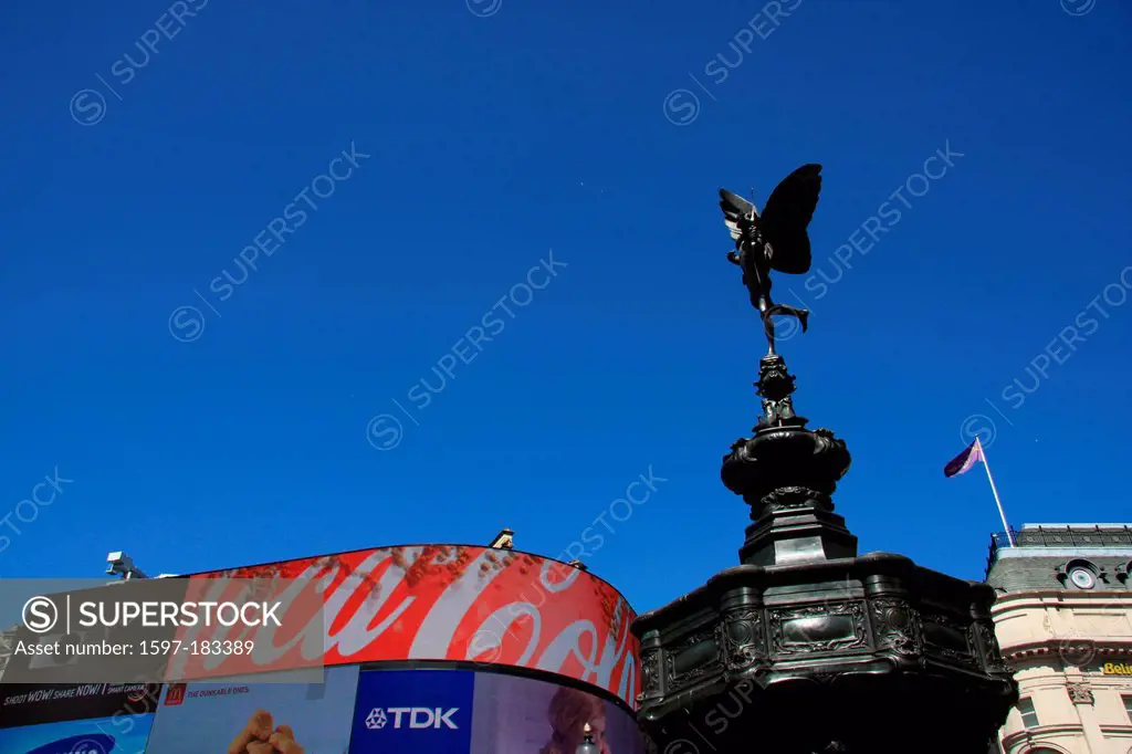 London, England, Great Britain, UK, United Kingdom, Piccadilly, Piccadilly Circus, statue, Cupid, angel, arrow, arch, advertisement,