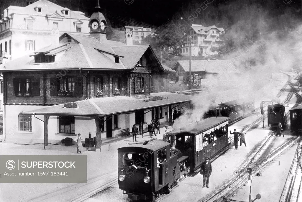 Switzerland, Europe, canton Bern, Bernese Oberland, Wengen, railway station, steam road, historical, black and white, 1930, Thirties, WAB, Wengernalpb...