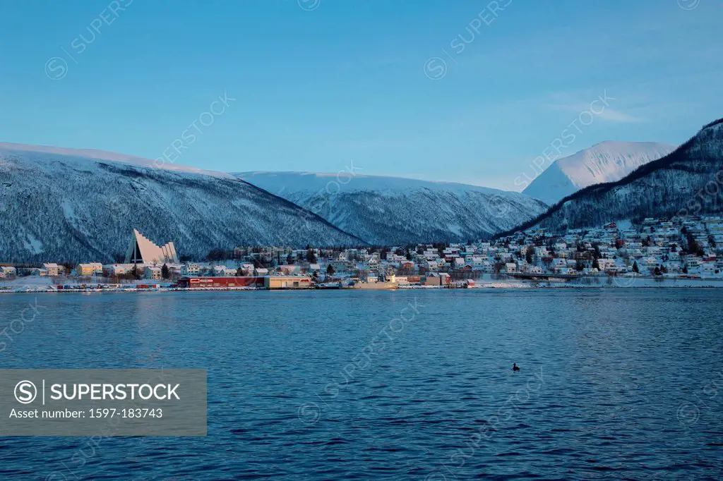 Evening mood, Arctic cathedral, church, Europe, church, scenery, landscape, light, mood, Norway, Scandinavia, town, city, Tromsö, winter, place of int...