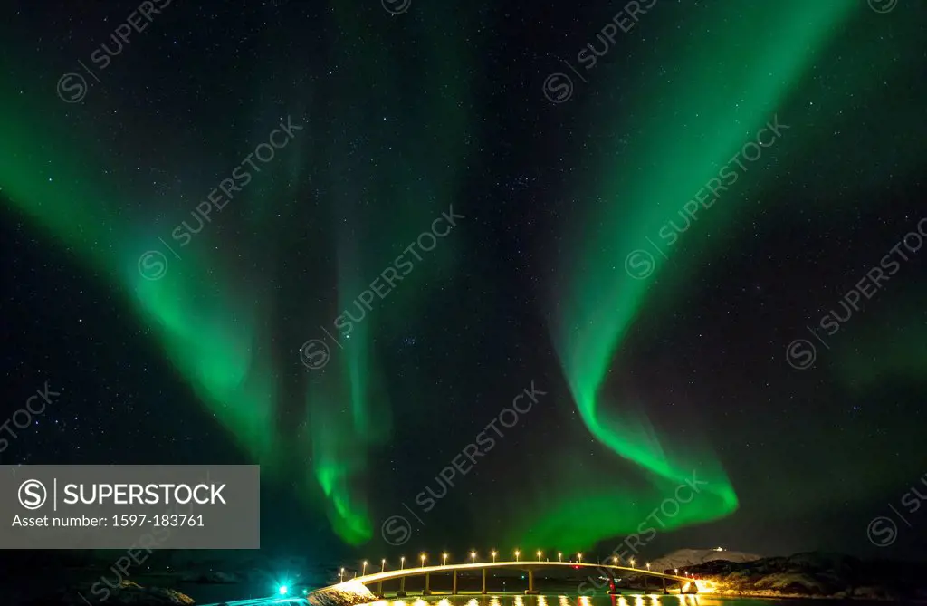 Aurora Borealis, bridge, Europe, sky, sea, night, Northern lights, Norway, polar light, Scandinavia, Sommaröy, Tromsö, winter, sky appearance, natural...