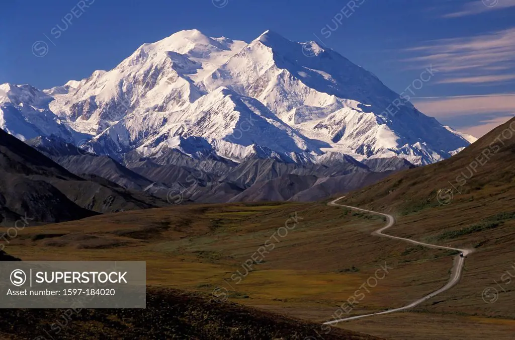 Kantishana Road, Mount McKinley, Denali, Denali, National Park, Preserve, Alaska, USA, Mountain, huge, large, peak, snow, snowcap, foothills, trail, r...