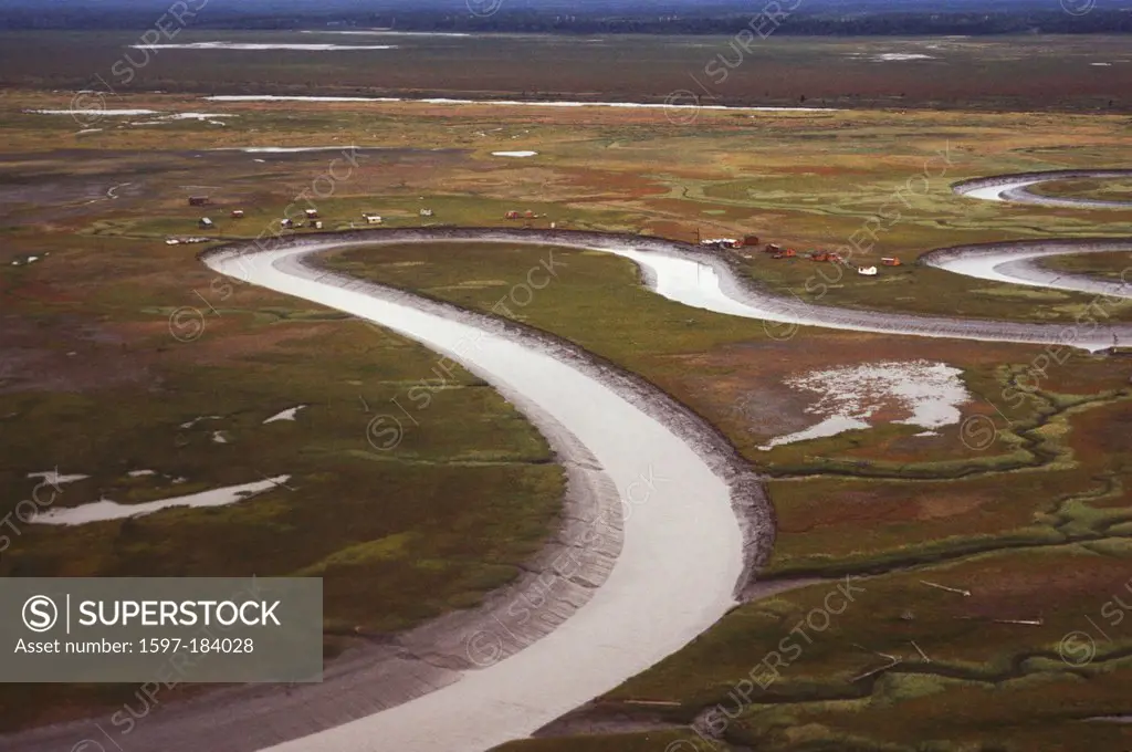 Costal Flats, Crook Inlet, Alaska, USA, snake, twisting, river, canal, channel, stream, irrigation, creek, farming, land, aerial, puddles, houses, aer...