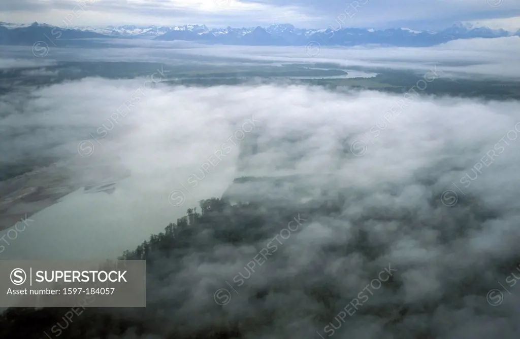 Coastal Plain, Cook Inlet, Chigmit Mountains, Aleutian Range, Alaska, USA, fog, clouds, above clouds, lush forest, stormy, view, wilderness, wildlife