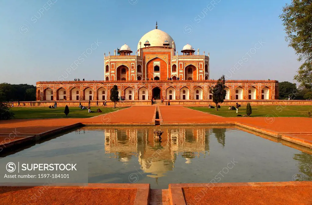 Humayun, mausoleum, New Delhi, Humayun, Tomb, false dome, dome, architecture, tourist, place of interest, afternoon, sundown, sunset, basin, water was...