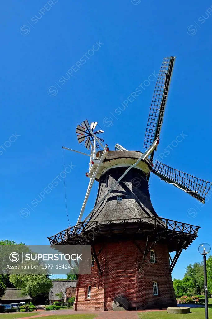 Europe, Germany, Lower Saxony, Bad Zwischenahn, Health resort park, Open-air museum, Windmill, 2-storey, gallery caps windmill, architecture, trees, b...