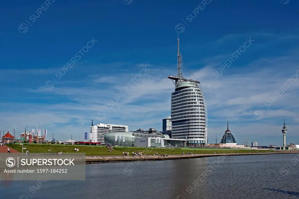 Europe, Germany, Bremen, Bremerhaven, Seebäderkaje, Weser, new harbour, port, Conference centre, Atlantic hotel Sail city, TV tower, shopping centre, ...