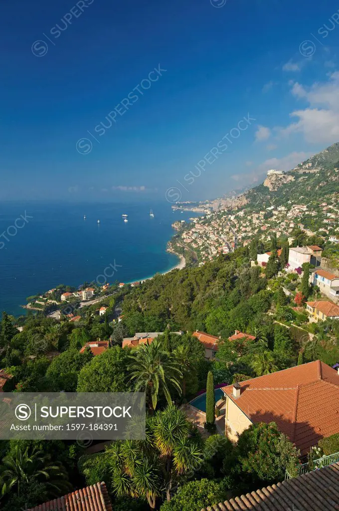 France, Europe, South of France, Cote d'Azur, Roquebrune, Monte Carlo, Monaco, coast, seashore, coastal, scenery, sea, Mediterranean Sea, outside, day...